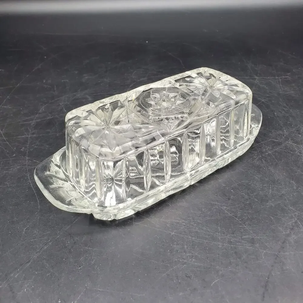Vintage Cut Pressed Glass Covered Butter Dish Starburst Diamond Pattern